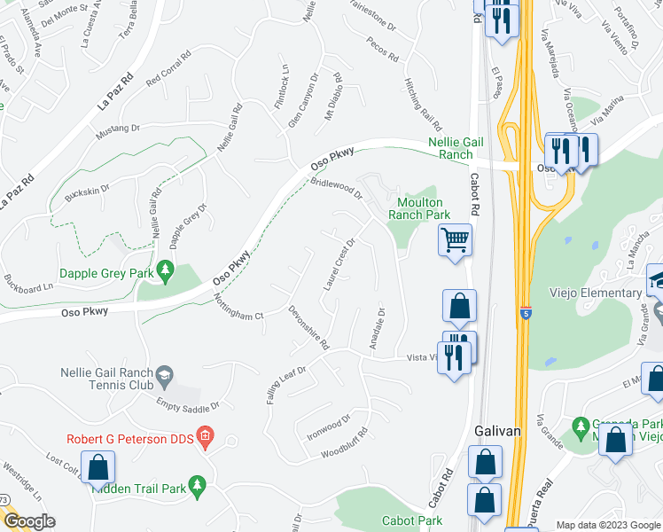 map of restaurants, bars, coffee shops, grocery stores, and more near 26631 Laurel Crest Drive in Laguna Hills