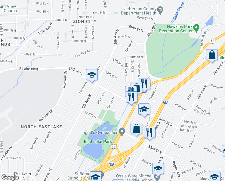 map of restaurants, bars, coffee shops, grocery stores, and more near 319 85th Street North in Birmingham