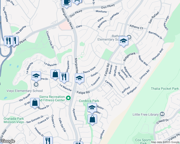 map of restaurants, bars, coffee shops, grocery stores, and more near 26624 Sierra Vista in Mission Viejo