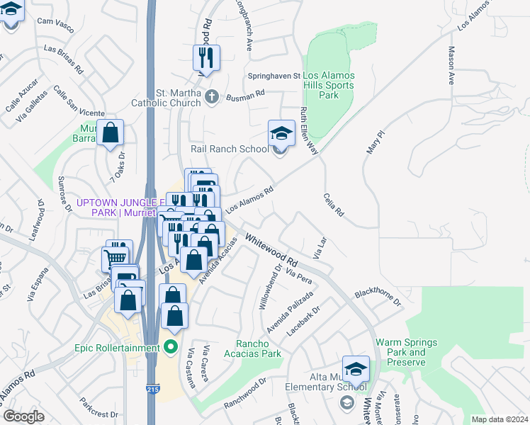 map of restaurants, bars, coffee shops, grocery stores, and more near 39244 Vía Zaragoza in Murrieta