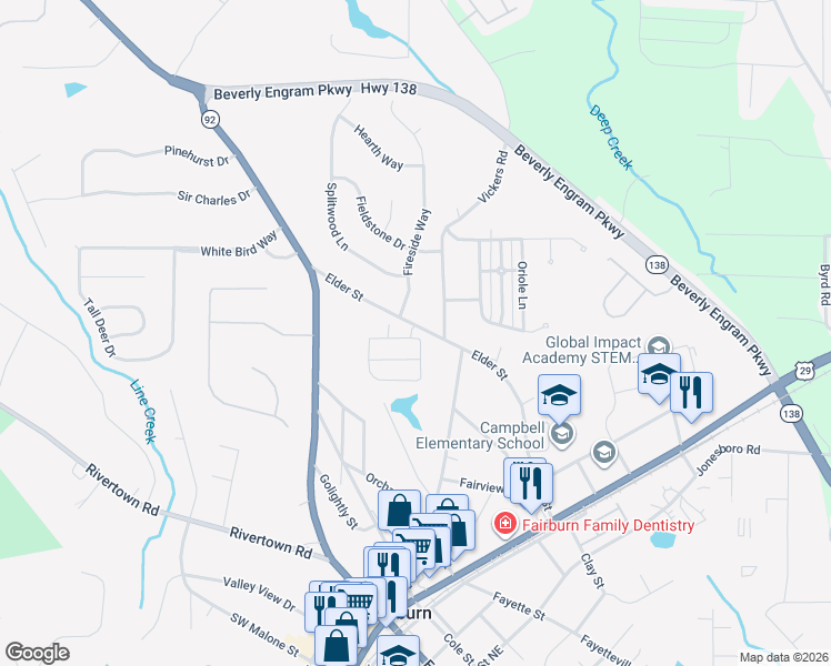 map of restaurants, bars, coffee shops, grocery stores, and more near 270 Elder Street in Fairburn