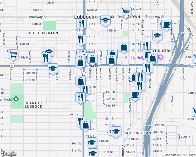 map of restaurants, bars, coffee shops, grocery stores, and more near 1925 Avenue P in Lubbock