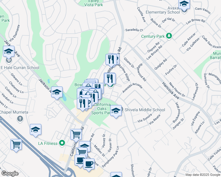 map of restaurants, bars, coffee shops, grocery stores, and more near 40440 California Oaks Road in Murrieta