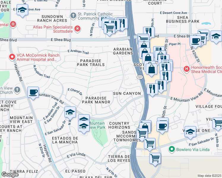 map of restaurants, bars, coffee shops, grocery stores, and more near 8672 East Cheryl Drive in Scottsdale