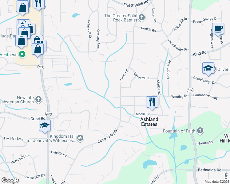 map of restaurants, bars, coffee shops, grocery stores, and more near 6575 Camp Valley Road in Riverdale