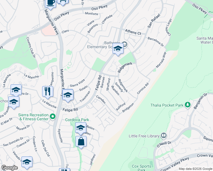 map of restaurants, bars, coffee shops, grocery stores, and more near 26611 Strafford in Mission Viejo