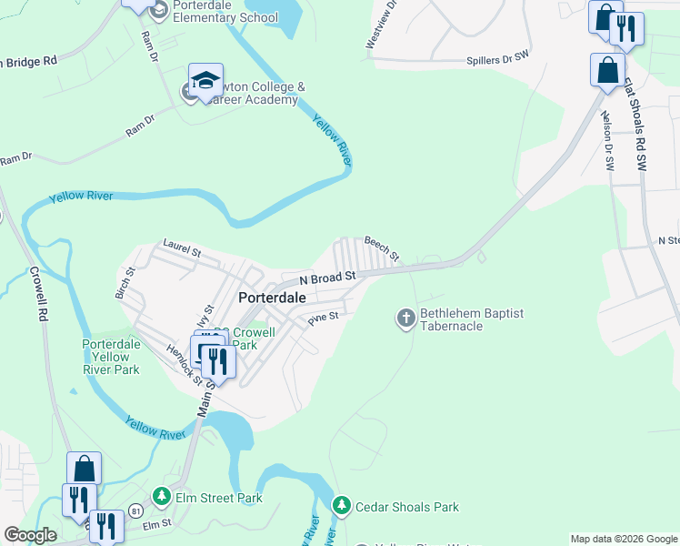 map of restaurants, bars, coffee shops, grocery stores, and more near 1 Spruce Street in Porterdale