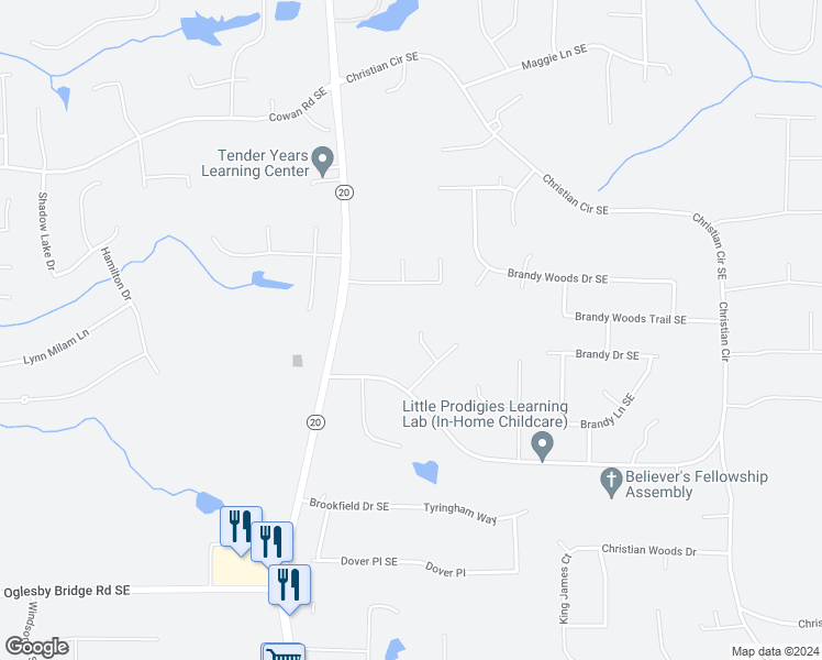 map of restaurants, bars, coffee shops, grocery stores, and more near 1115 Louise Court Southeast in Conyers