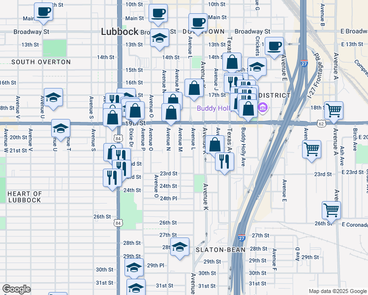 map of restaurants, bars, coffee shops, grocery stores, and more near 2010 Avenue M in Lubbock