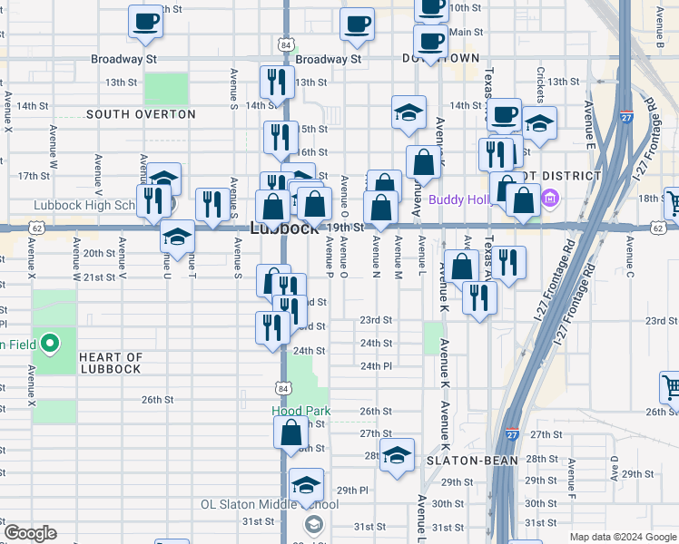 map of restaurants, bars, coffee shops, grocery stores, and more near 1925 Avenue P in Lubbock