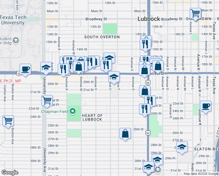 map of restaurants, bars, coffee shops, grocery stores, and more near 2102 Avenue T in Lubbock