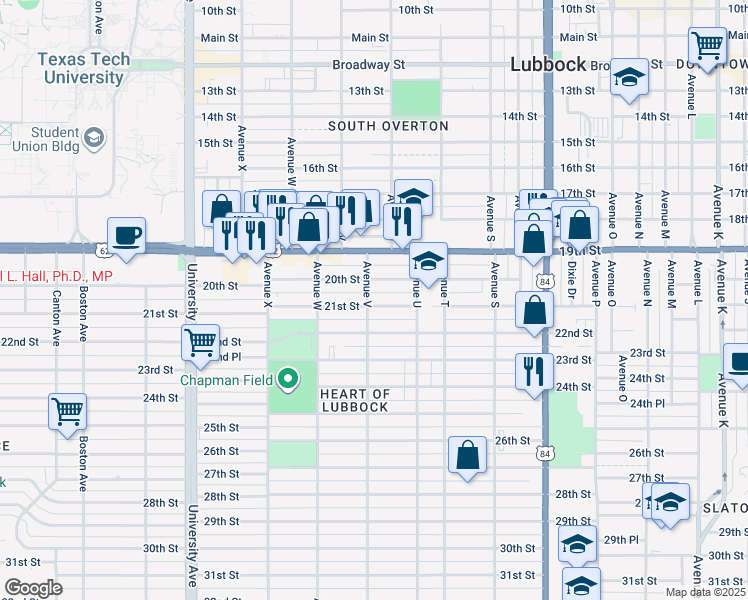map of restaurants, bars, coffee shops, grocery stores, and more near 2114 21st Street in Lubbock