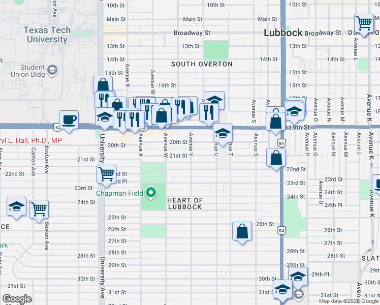 map of restaurants, bars, coffee shops, grocery stores, and more near 2014 Avenue V in Lubbock