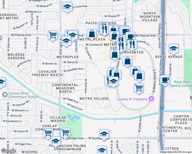 map of restaurants, bars, coffee shops, grocery stores, and more near 3161 West Cheryl Drive in Phoenix