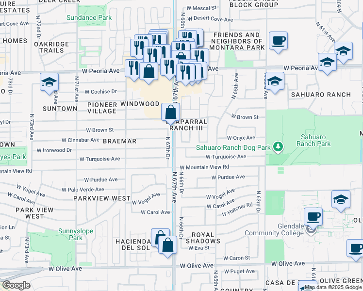 map of restaurants, bars, coffee shops, grocery stores, and more near 9909 North 67th Drive in Peoria