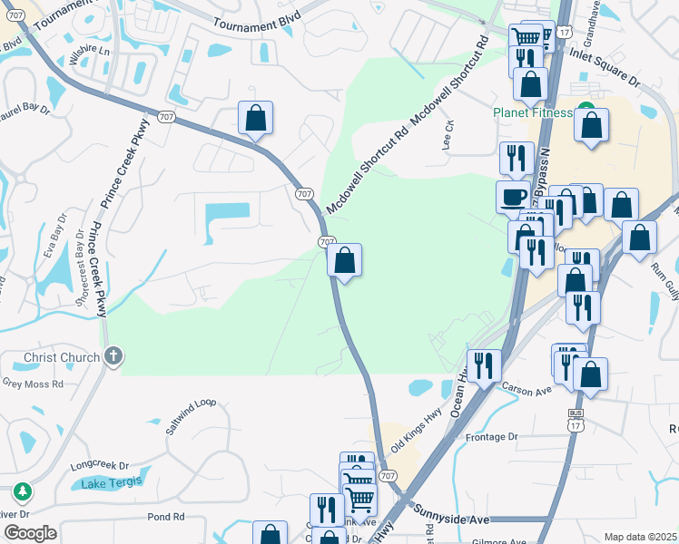 map of restaurants, bars, coffee shops, grocery stores, and more near 12408 Burgess Road in Murrells Inlet