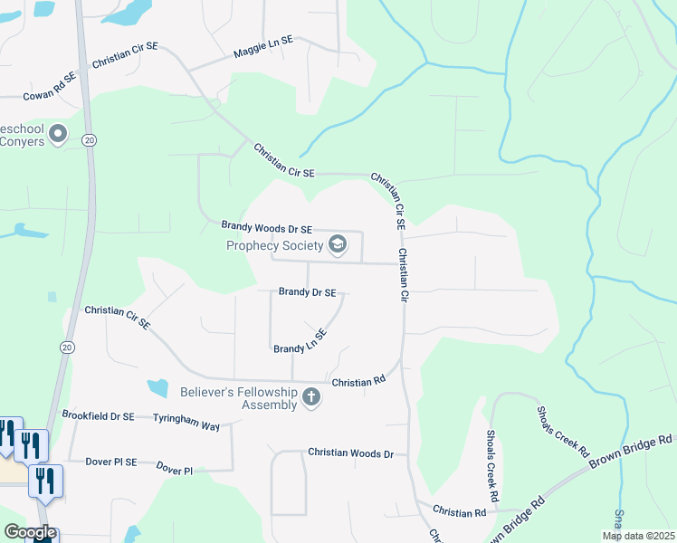 map of restaurants, bars, coffee shops, grocery stores, and more near 1799 Brandy Woods Trail Southeast in Conyers