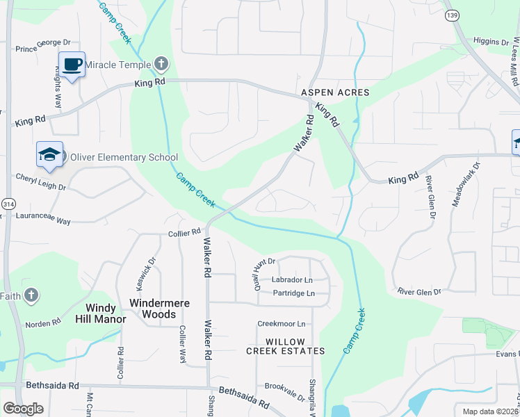 map of restaurants, bars, coffee shops, grocery stores, and more near 1332 Creekview Circle in Riverdale