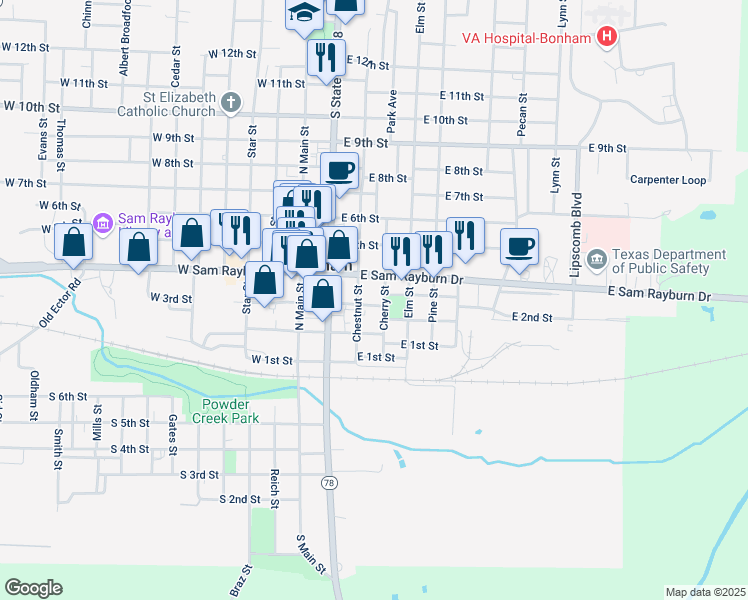 map of restaurants, bars, coffee shops, grocery stores, and more near 319 East 3rd Street in Bonham