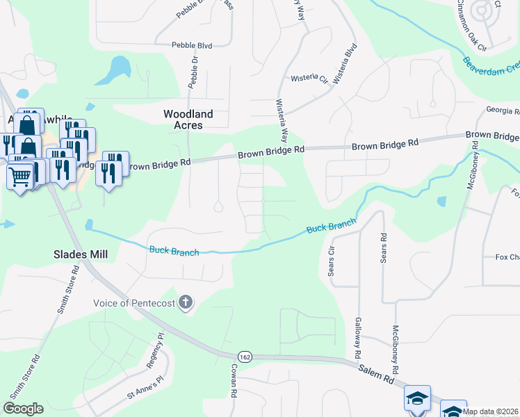 map of restaurants, bars, coffee shops, grocery stores, and more near 140 Amberjack Trail in Covington