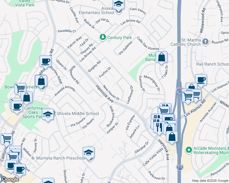 map of restaurants, bars, coffee shops, grocery stores, and more near 39975 Windemere Court in Murrieta