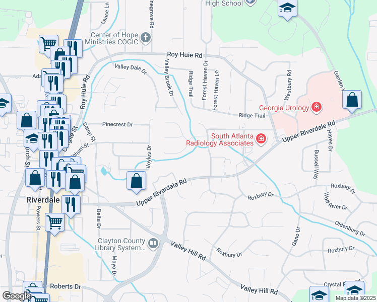 map of restaurants, bars, coffee shops, grocery stores, and more near 326 River Oak Drive in Riverdale