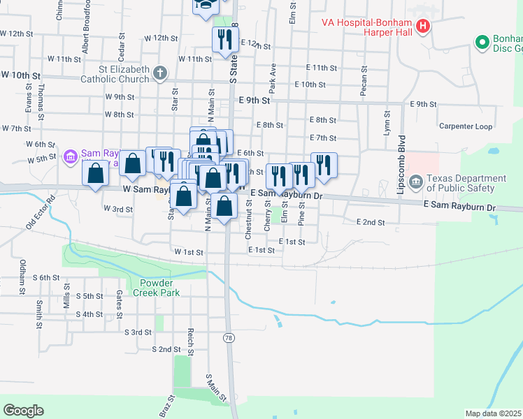 map of restaurants, bars, coffee shops, grocery stores, and more near 319 East 3rd Street in Bonham