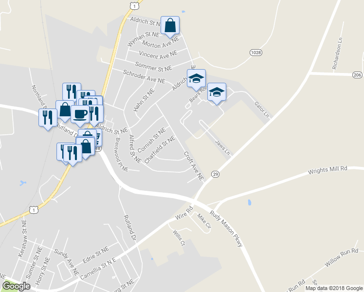 map of restaurants, bars, coffee shops, grocery stores, and more near 1033 Croft Avenue Northeast in Aiken