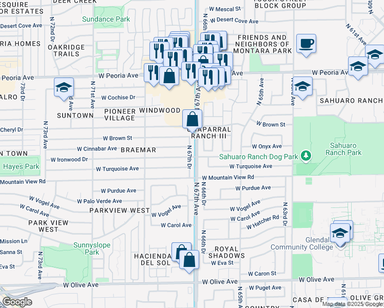 map of restaurants, bars, coffee shops, grocery stores, and more near 9909 North 67th Drive in Peoria
