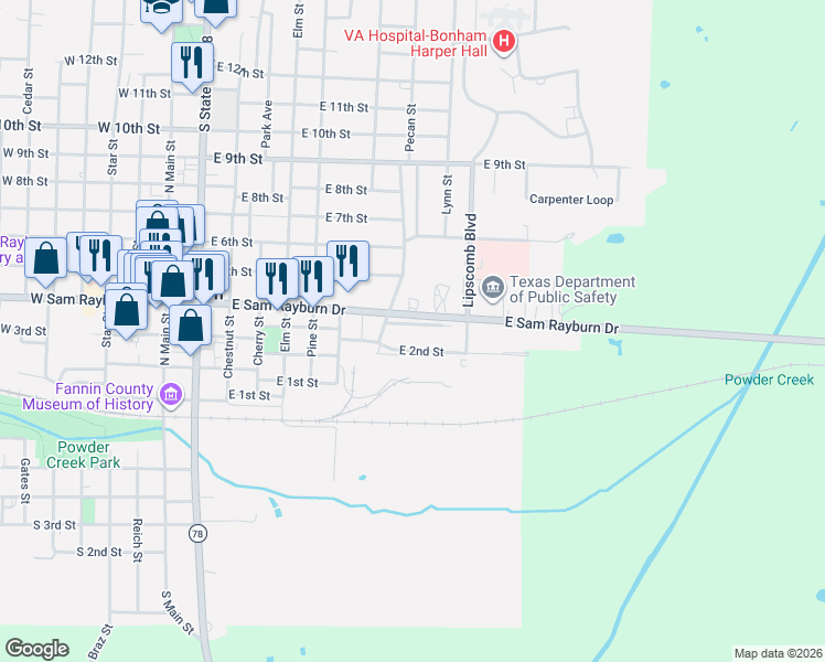 map of restaurants, bars, coffee shops, grocery stores, and more near 904 East 3rd Street in Bonham