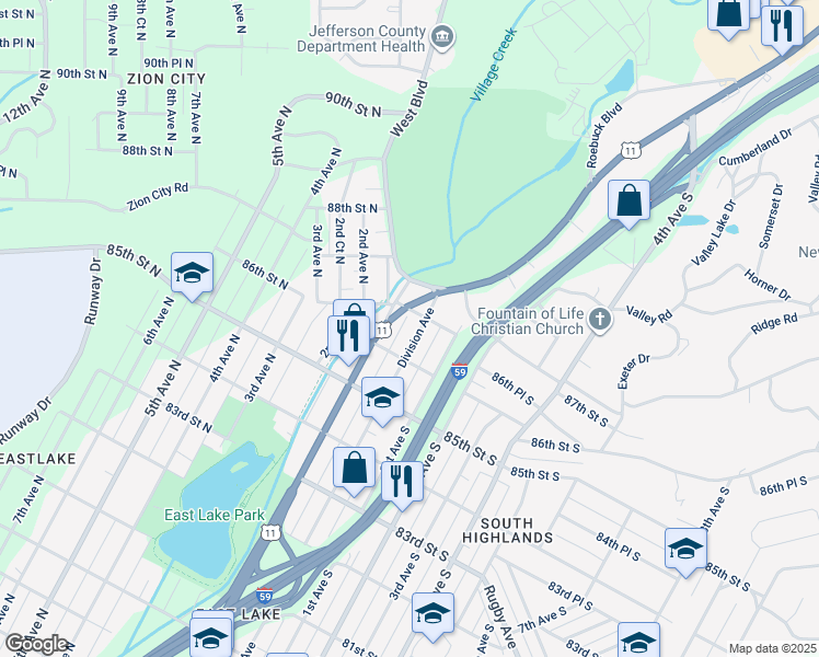 map of restaurants, bars, coffee shops, grocery stores, and more near 8624 Division Avenue in Birmingham