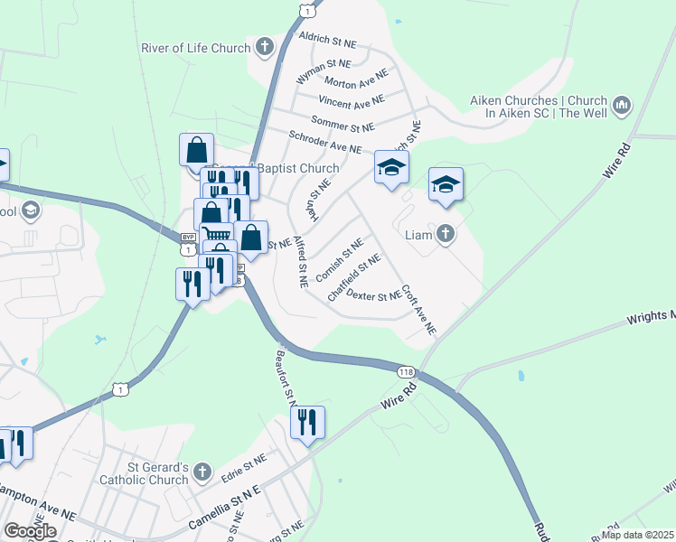 map of restaurants, bars, coffee shops, grocery stores, and more near 1112 Cornish St NE in Aiken