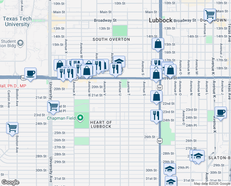 map of restaurants, bars, coffee shops, grocery stores, and more near 2114 21st Street in Lubbock