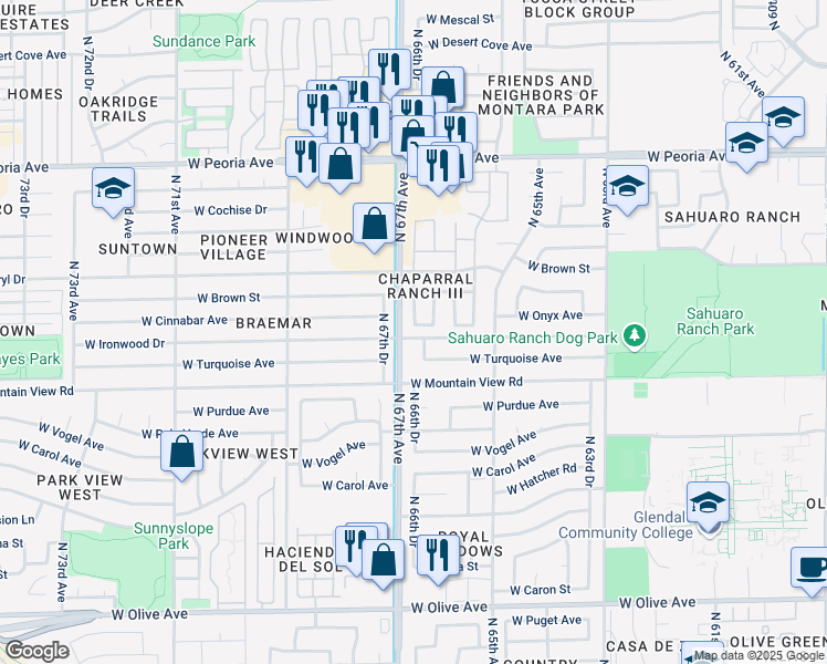 map of restaurants, bars, coffee shops, grocery stores, and more near 9909 North 67th Drive in Peoria