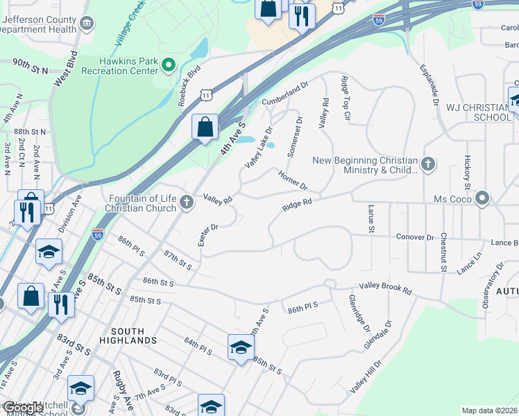 map of restaurants, bars, coffee shops, grocery stores, and more near 428 Valley Road in Birmingham