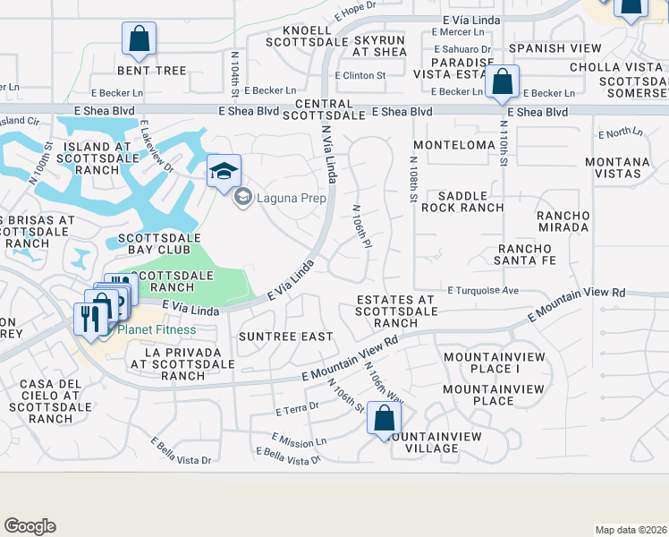 map of restaurants, bars, coffee shops, grocery stores, and more near 10608 East Arabian Park Drive in Scottsdale