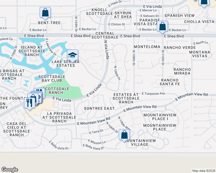 map of restaurants, bars, coffee shops, grocery stores, and more near 10608 East Arabian Park Drive in Scottsdale
