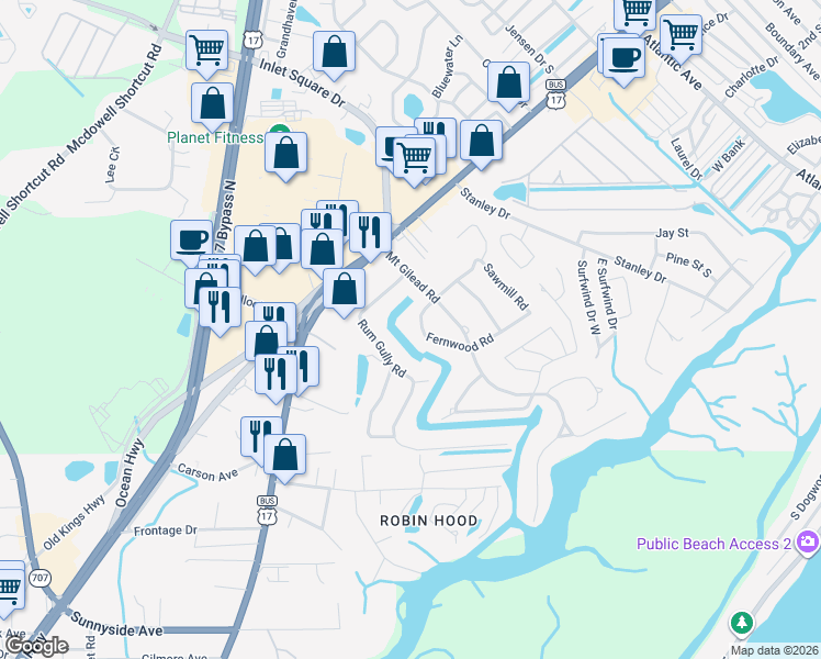 map of restaurants, bars, coffee shops, grocery stores, and more near 538 Fernwood Road in Murrells Inlet