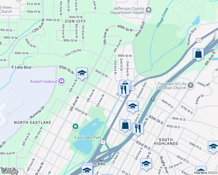 map of restaurants, bars, coffee shops, grocery stores, and more near 8509 3rd Avenue North in Birmingham