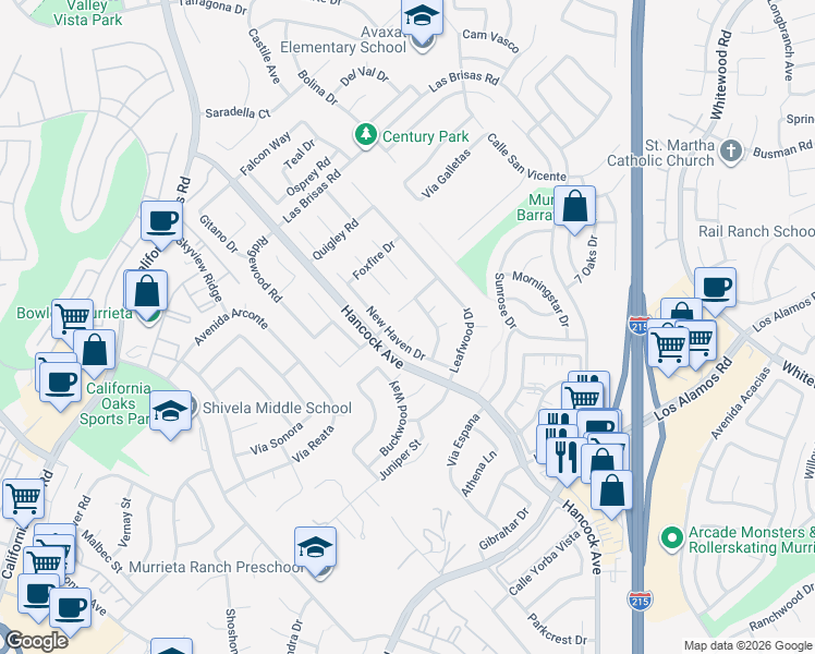 map of restaurants, bars, coffee shops, grocery stores, and more near 39975 Windemere Court in Murrieta