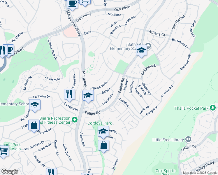 map of restaurants, bars, coffee shops, grocery stores, and more near 26641 Sotelo in Mission Viejo