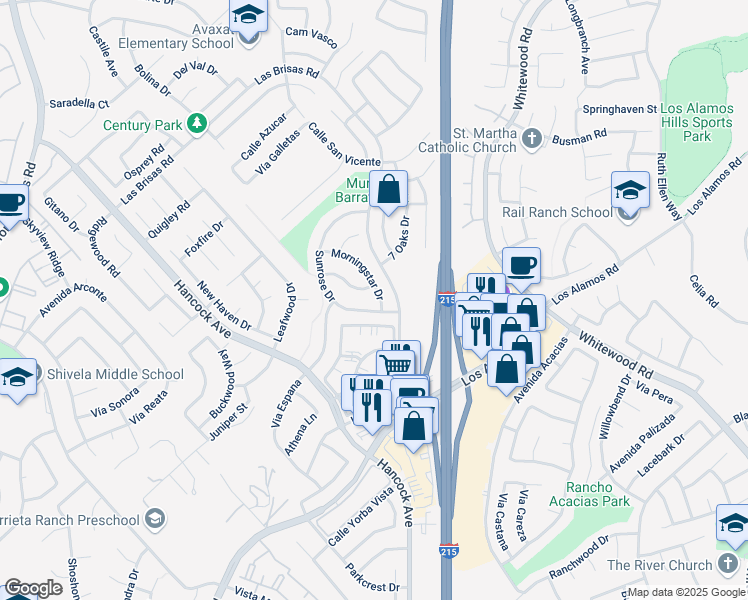 map of restaurants, bars, coffee shops, grocery stores, and more near 24729 Morningstar Drive in Murrieta