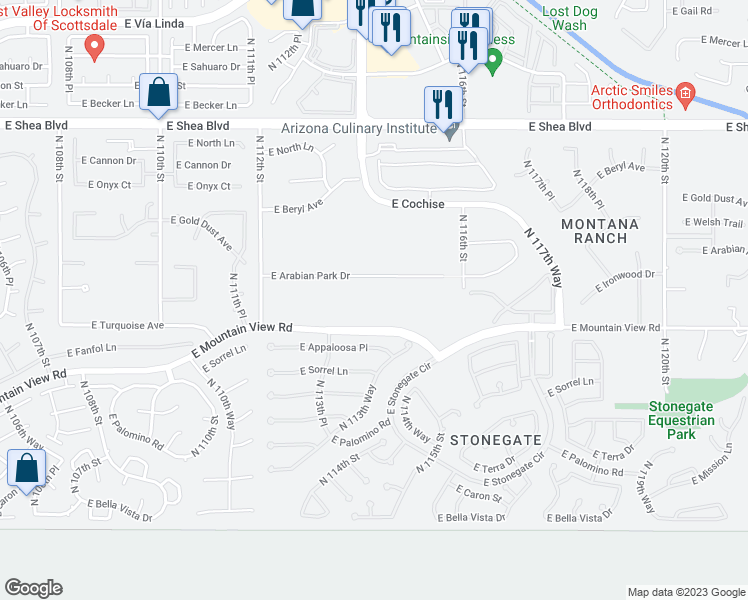 map of restaurants, bars, coffee shops, grocery stores, and more near 11411 East Arabian Park Drive in Scottsdale