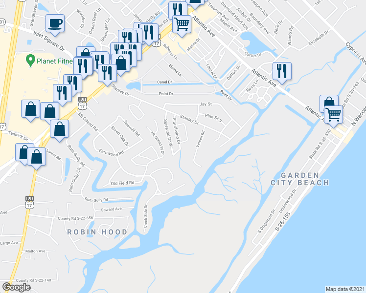 map of restaurants, bars, coffee shops, grocery stores, and more near 455 Surfwind Drive West in Murrells Inlet