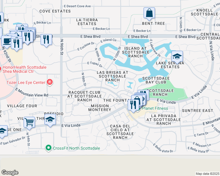 map of restaurants, bars, coffee shops, grocery stores, and more near 9813 North 100th Place in Scottsdale