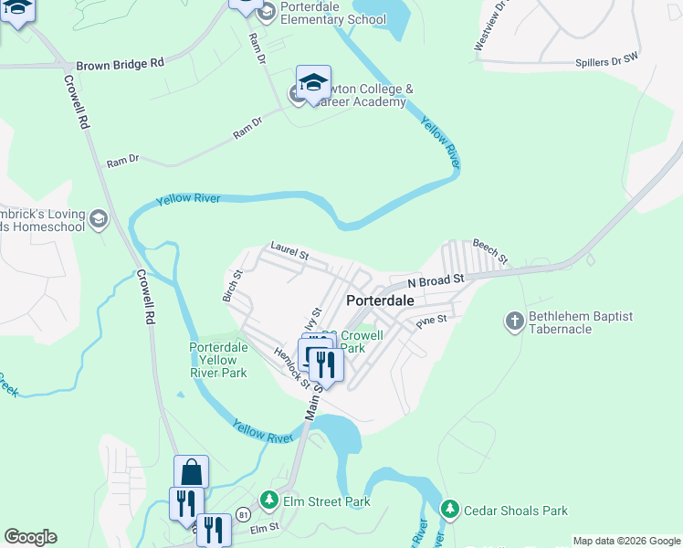 map of restaurants, bars, coffee shops, grocery stores, and more near 34 Hazel Street in Porterdale