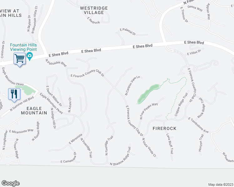 map of restaurants, bars, coffee shops, grocery stores, and more near 15427 East Firerock Country Club Drive in Fountain Hills