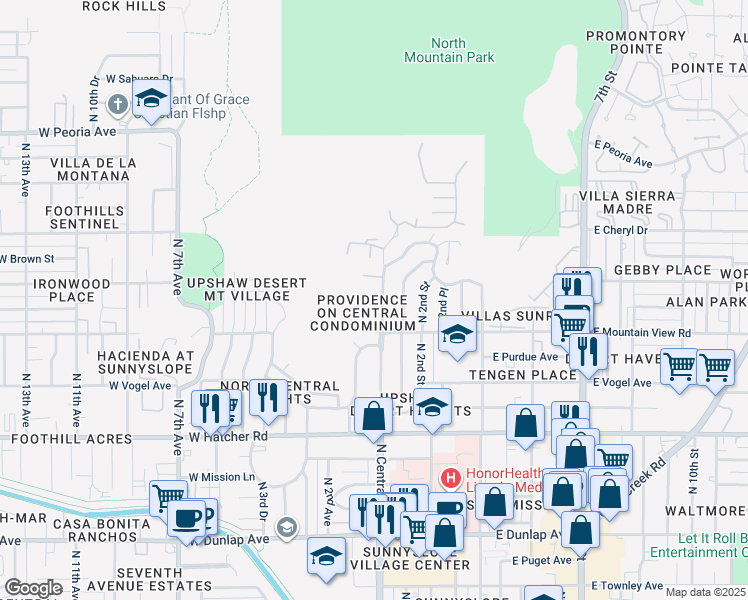 map of restaurants, bars, coffee shops, grocery stores, and more near 9820 North Central Avenue in Phoenix