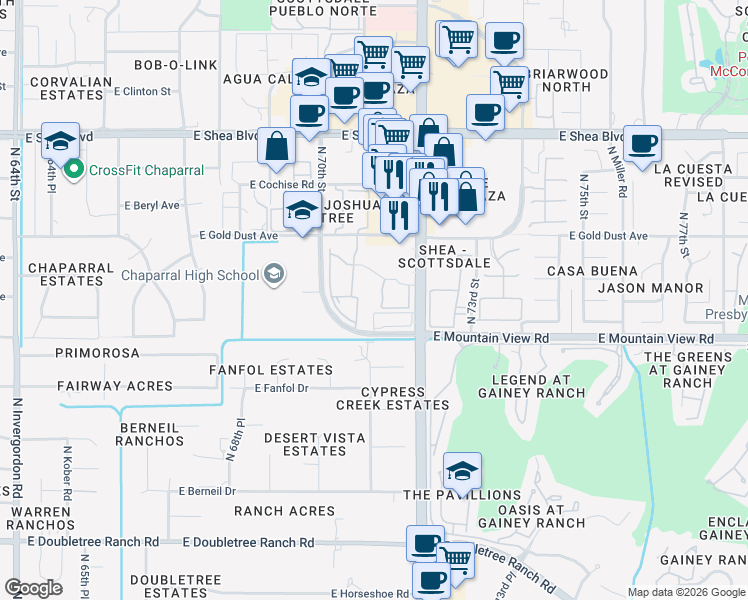 map of restaurants, bars, coffee shops, grocery stores, and more near 9825 North 70th Street in Scottsdale