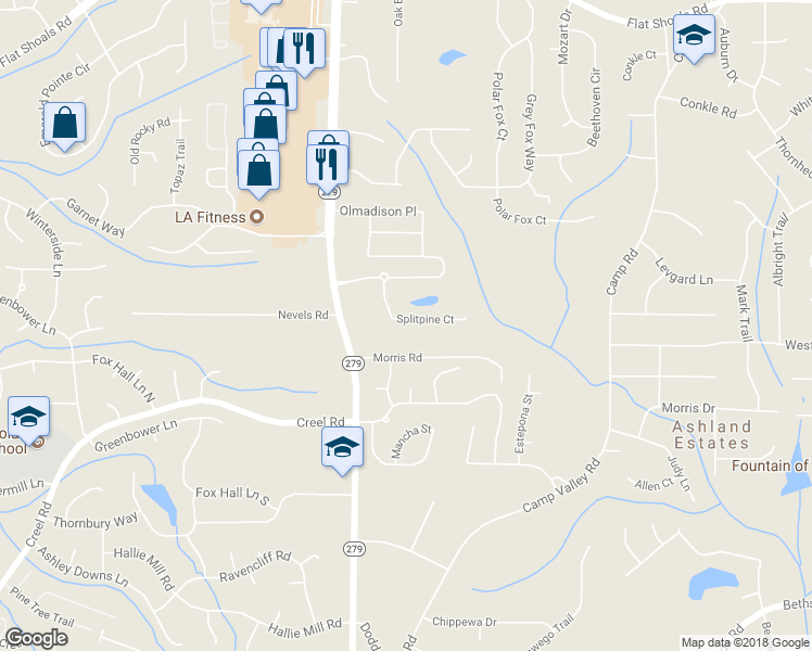 map of restaurants, bars, coffee shops, grocery stores, and more near 6515 Splitpine Court in Atlanta